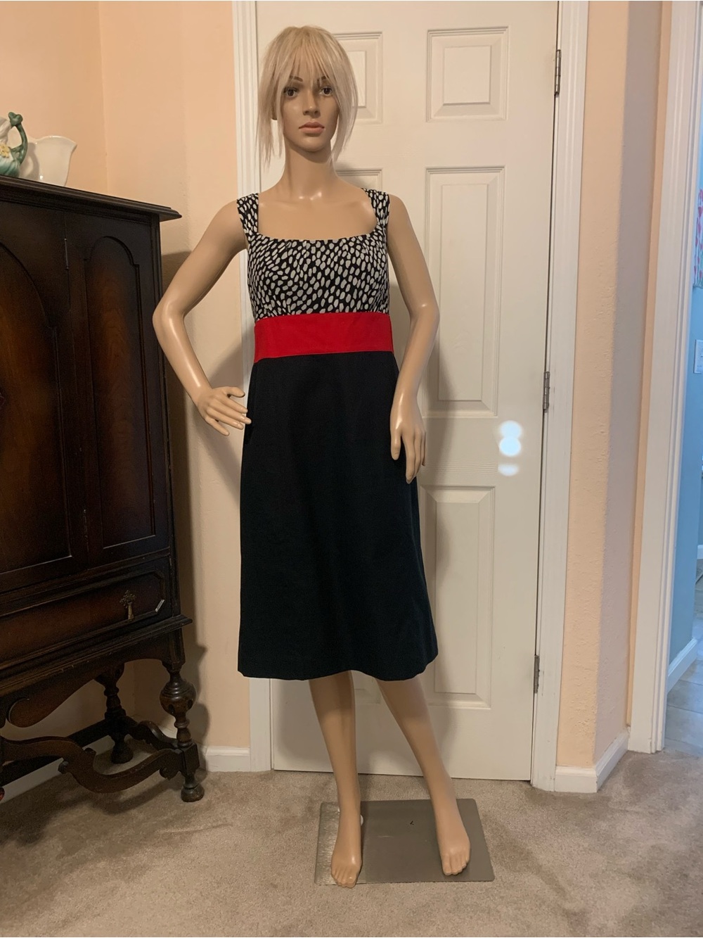 Ann Taylor Black Midi Dress with Red Waist and Monochrome Patterned Bodice